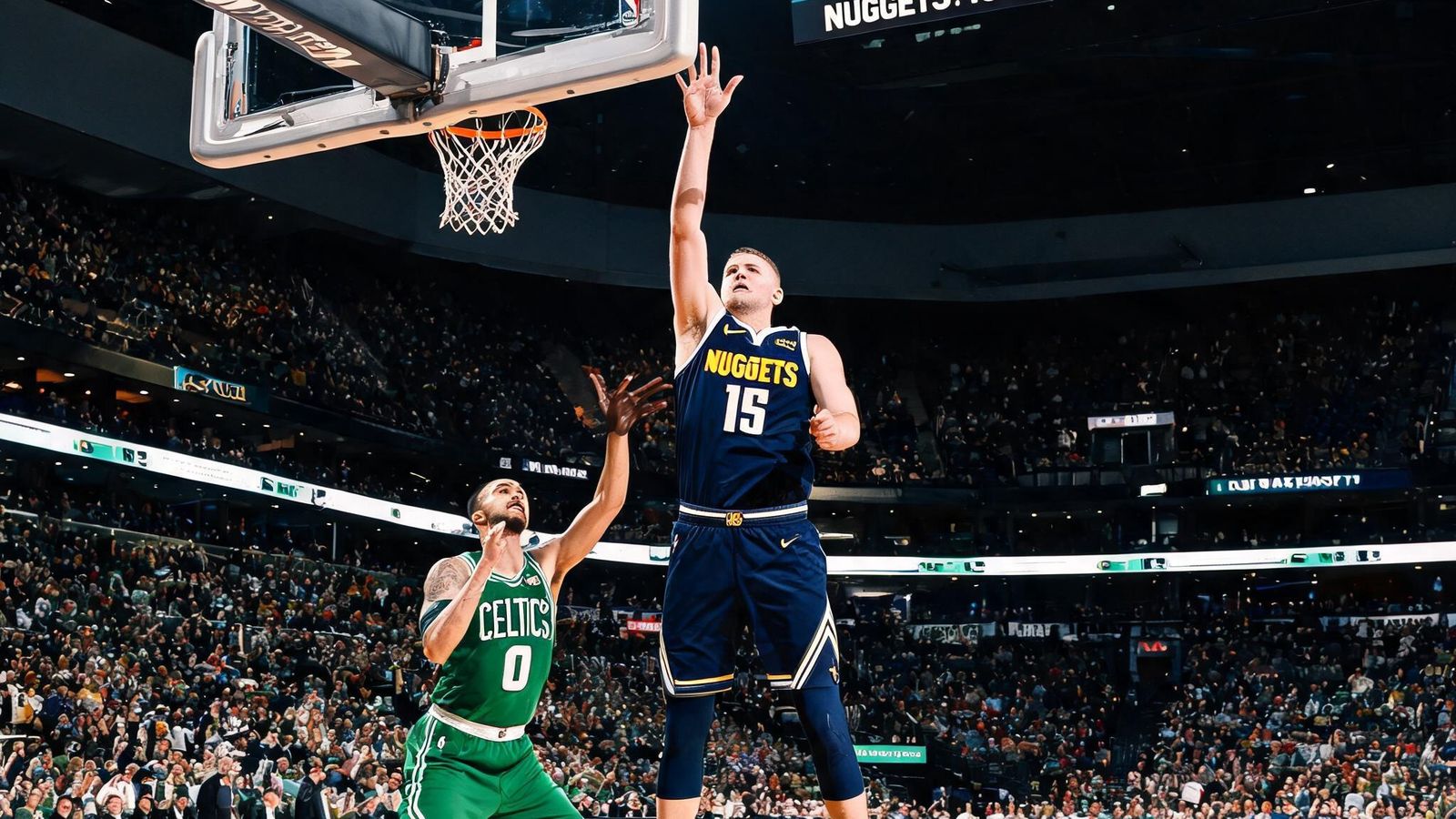 NBA常规赛掘金队与凯尔特人队激烈对抗画面，球员正在三分线外出手投篮